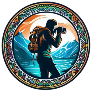 Juan Around logo with Juan taking pictures against a scenic backdrop of mountains and rivers.